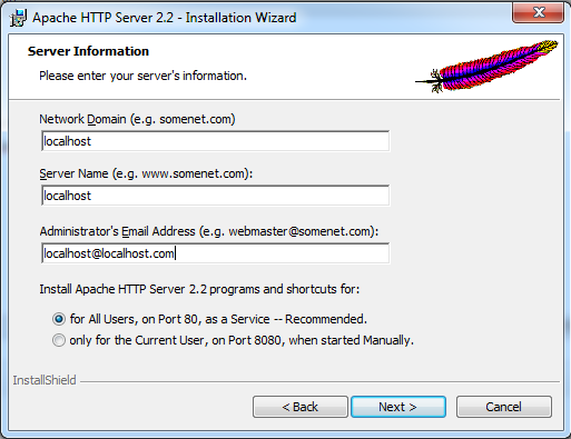 Use localhost and localhost@localhost.com when specifying the server information