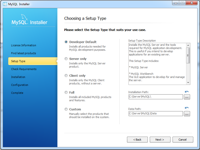 Set the installation path to C:\Server\MySQL